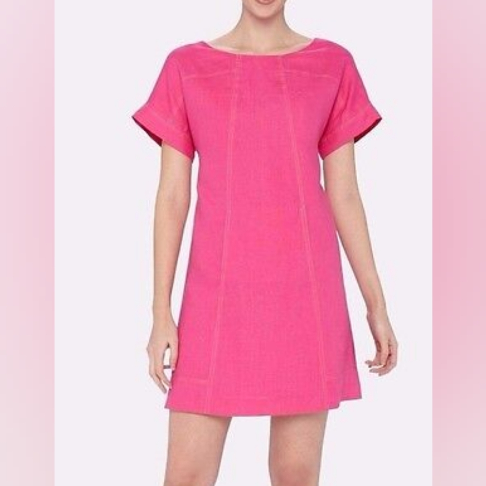 Tahari Linen-Blend Vibrant Magenta Shift Dress With Pocket Metallic Gold Thread